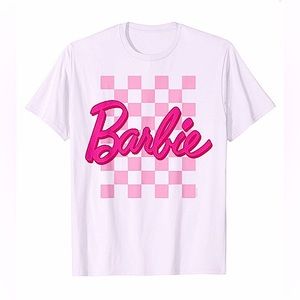 MATTEL BARBIE logo women’s checkered graphic baby tee white tshirt size S NWOT